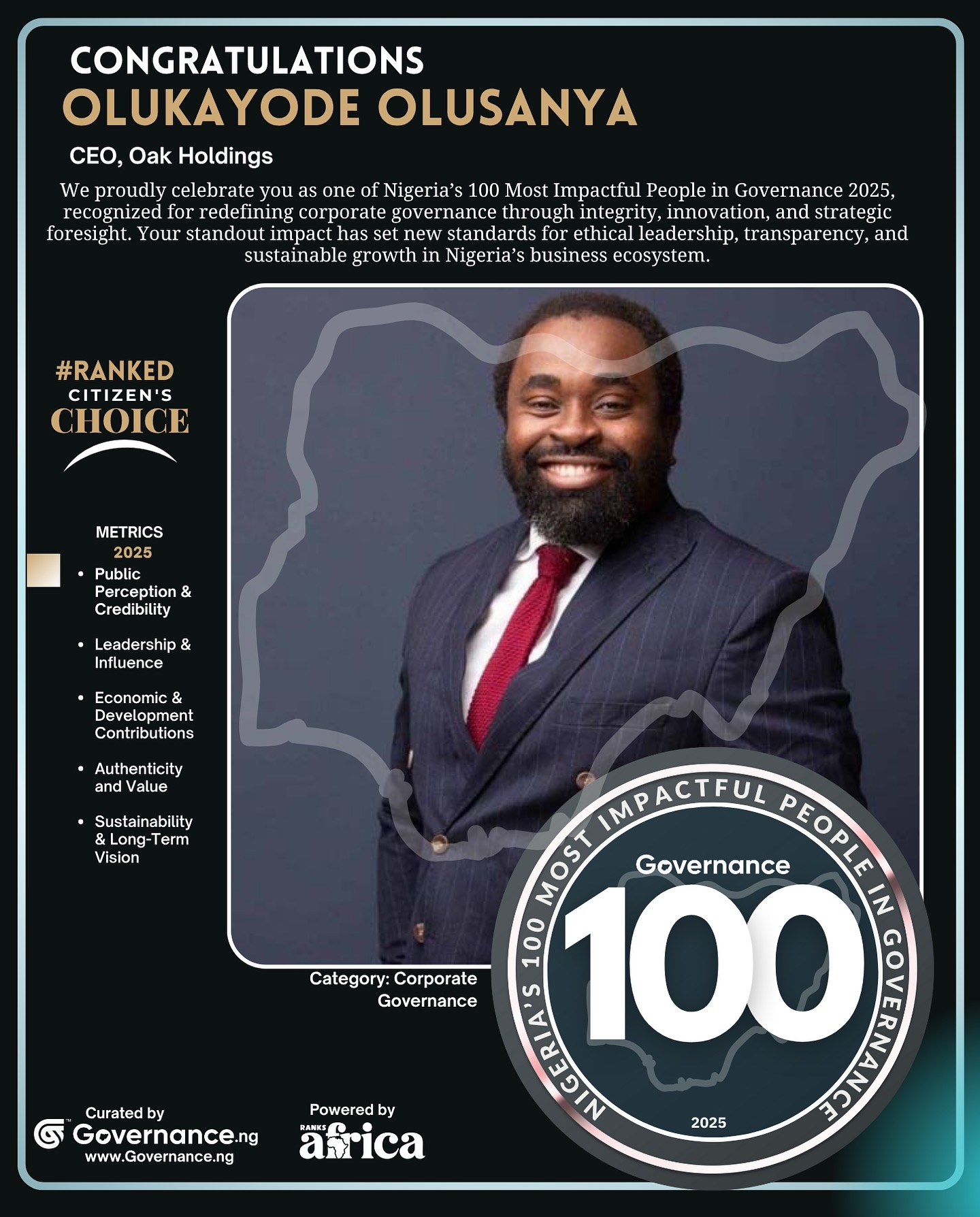 Governance 100 recognition of Olukayode Olusanya